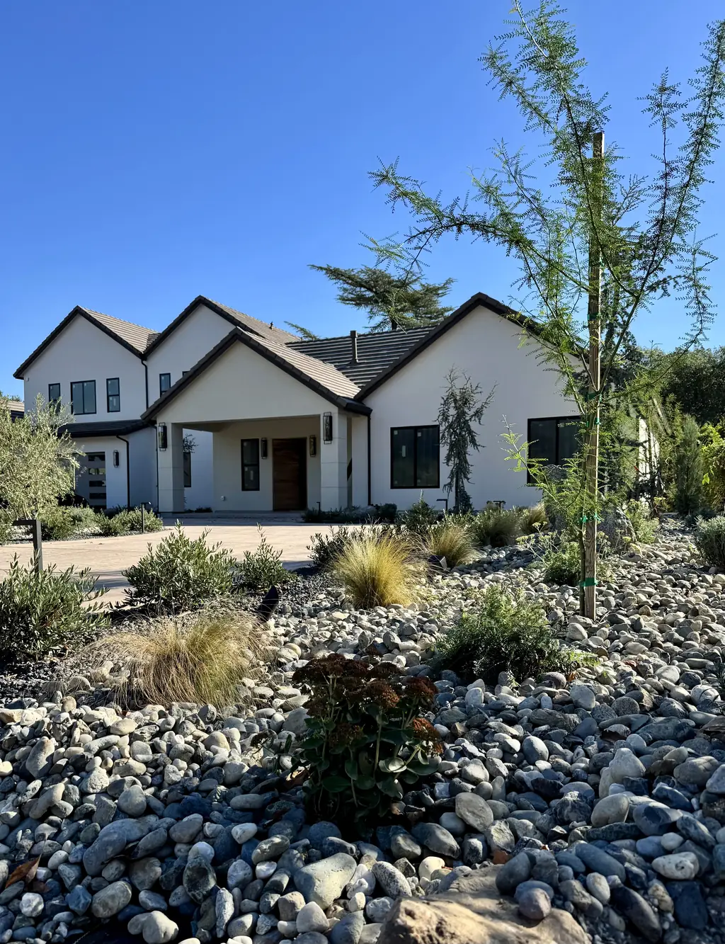 Front garden of river rock, grasses, and young trees beside a house