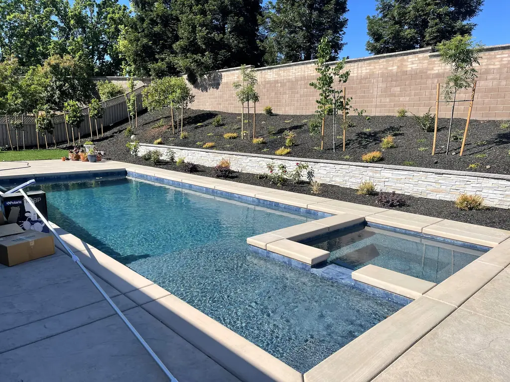 Rectangular pool, attached spa, stone terrace, and planting along a retaining wall