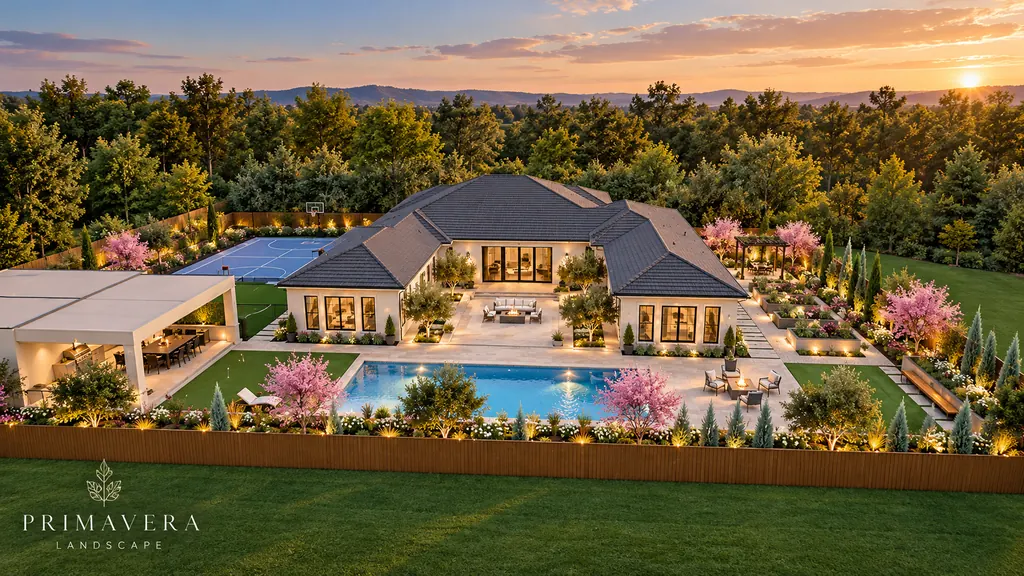 Design visualization of a house, courtyard pool, and planted garden at sunset