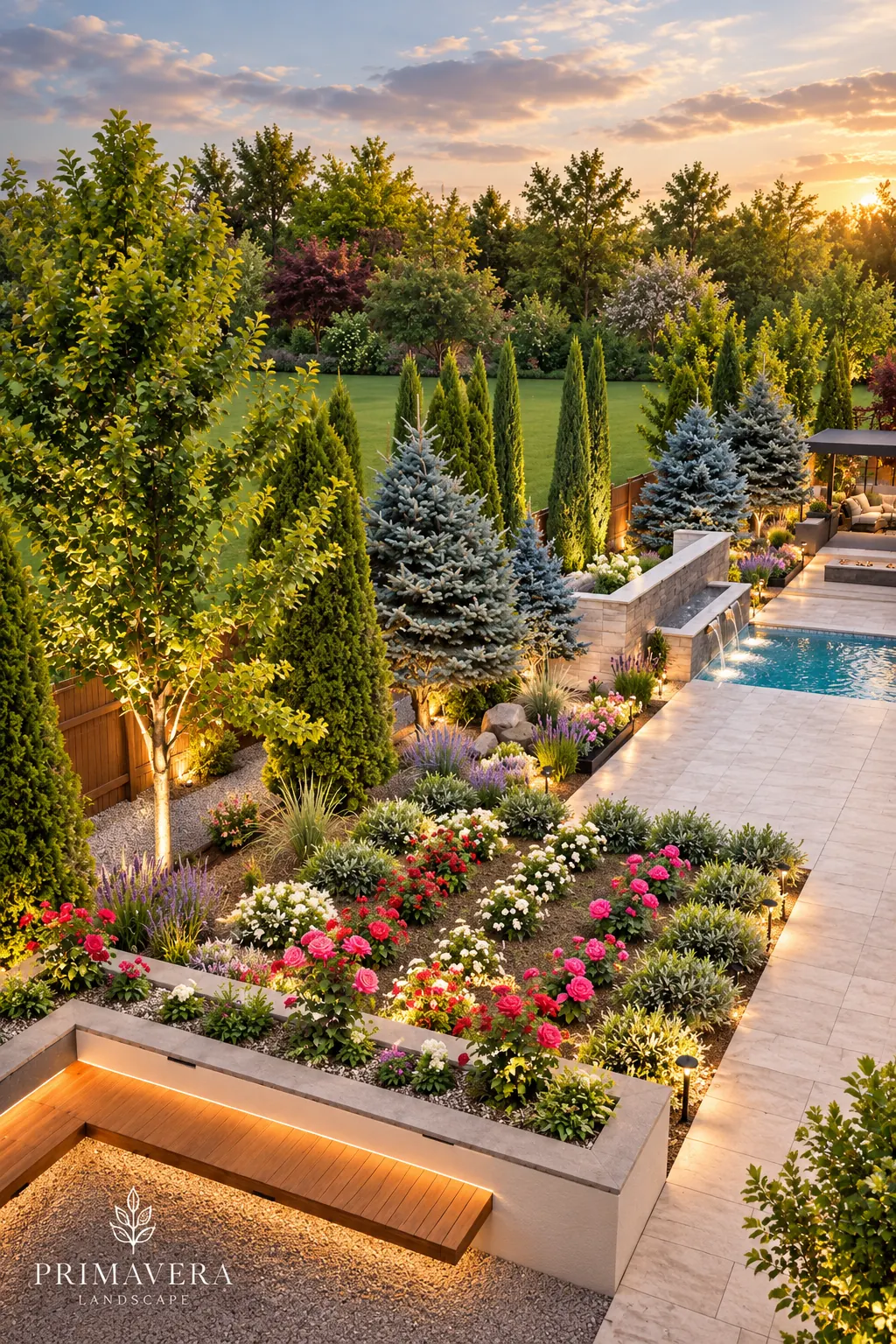 Design visualization of garden terraces with planting, paths, and a pool