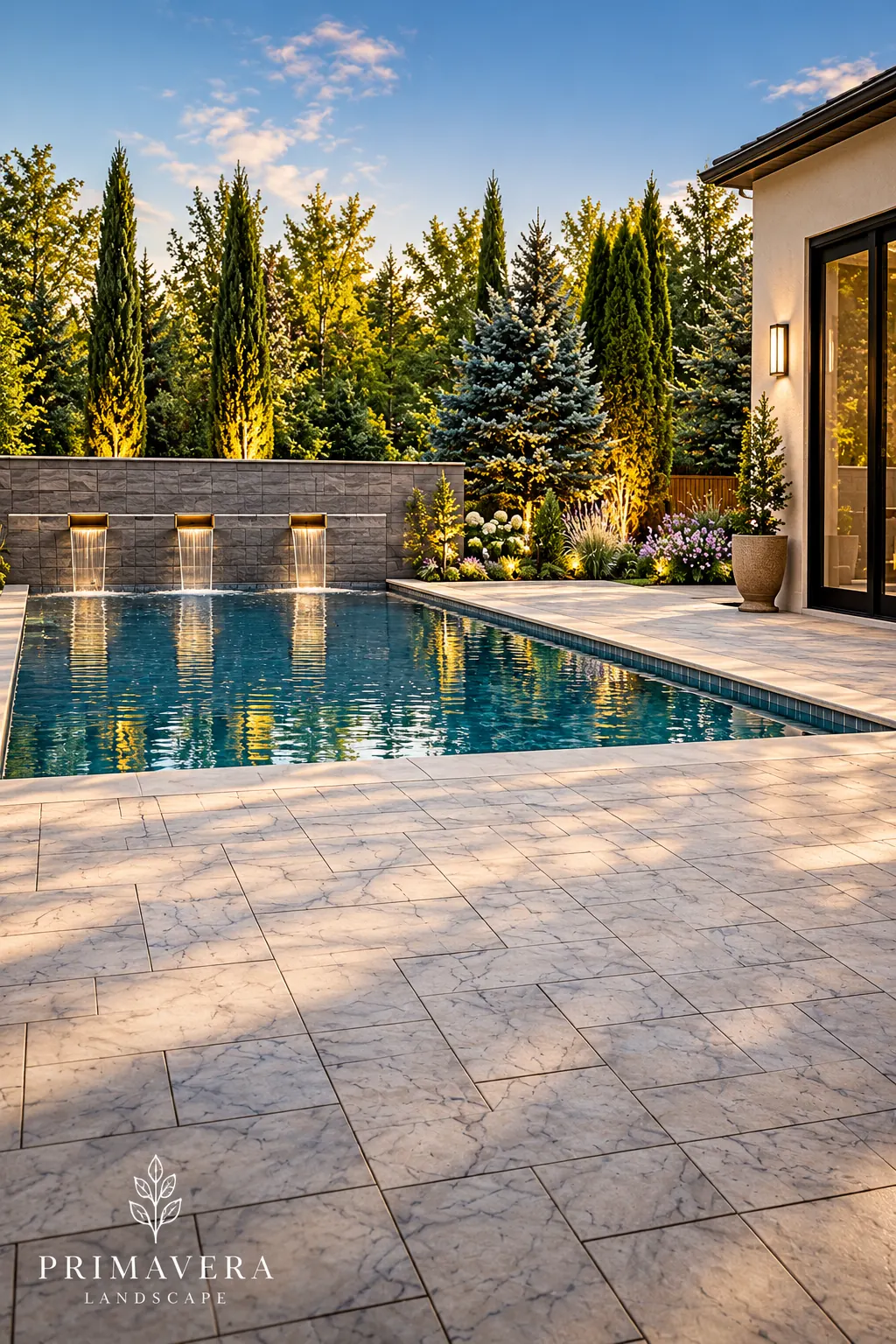 Design visualization of a pool terrace framed by trees and stone