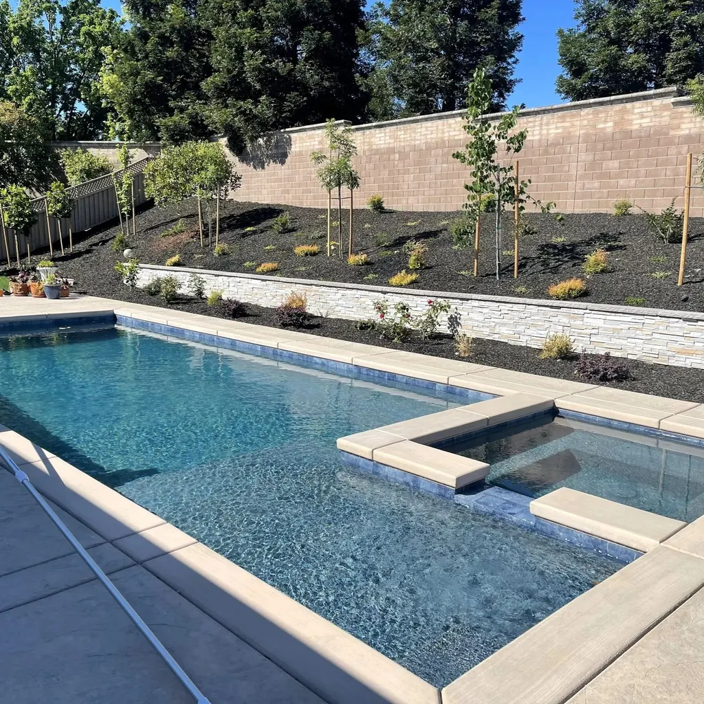 Rectangular pool with attached spa and planted slope